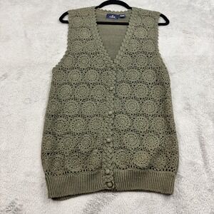 VTG OBR Crochet Knit Sweater Vest Womens S Olive Green Goblincore Grannycore